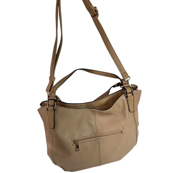 Tan Vegan Leather Shoulder Bag Detachable Crossbody Strap Goldtone Hardware - Picture 6 of 7